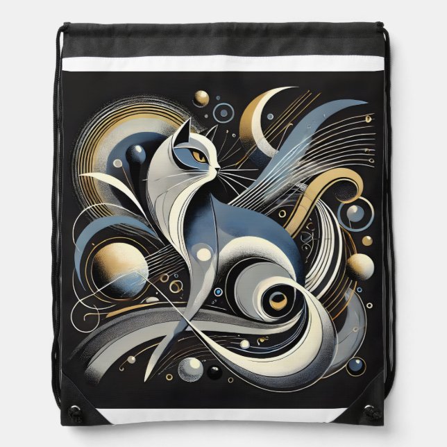 Cosmic Cat Abstract Celestial Drawstring Bag (Front)