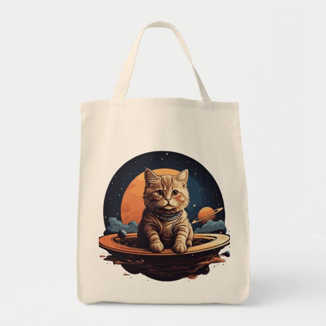 Cosmic Cat Adventure: Saturn-Themed Tote Bag (Front)