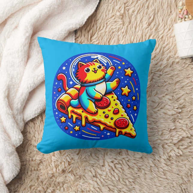 Cosmic Cat Astronaut - Pizza Galaxy Adventure Throw Pillow (Blanket)