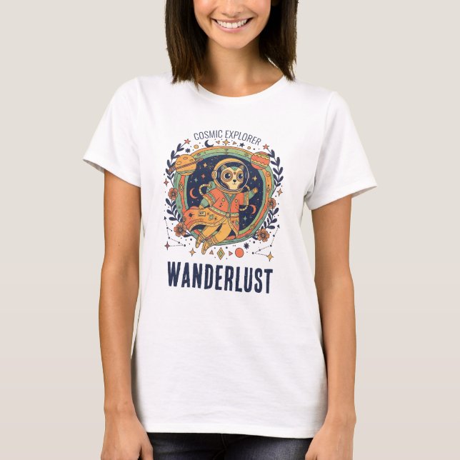 Cosmic Cat Astronaut Space Explorer Wanderlust T-Shirt (Front)