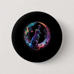 Cosmic Cat Cool Colorful Crescent Moon And Clouds  Button