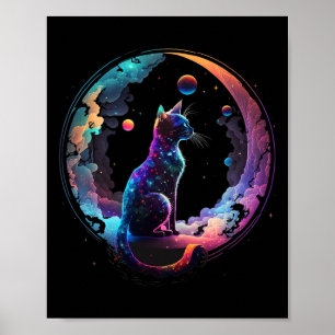 Cosmic Cat Cool Colorful Crescent Moon And Clouds Poster
