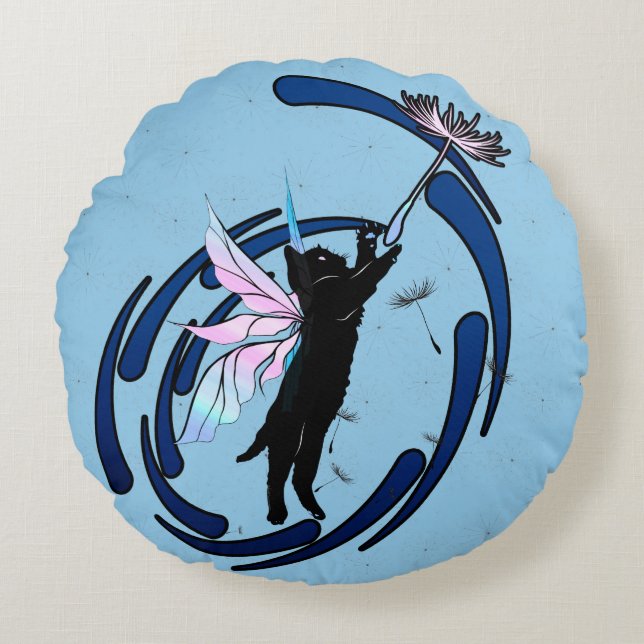 Cosmic Cat Dandelion Round Pillow (Front)