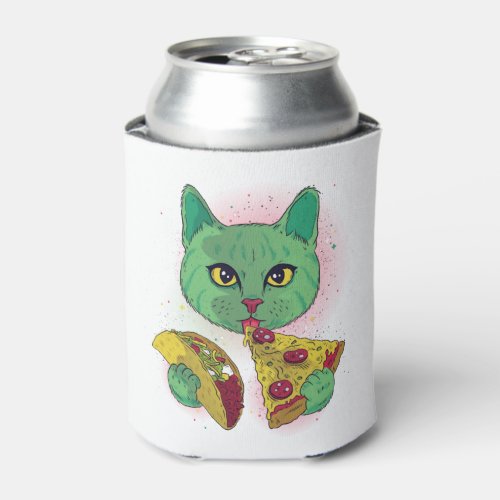 Cosmic Cat eating Pizza and Taco Can Cooler
