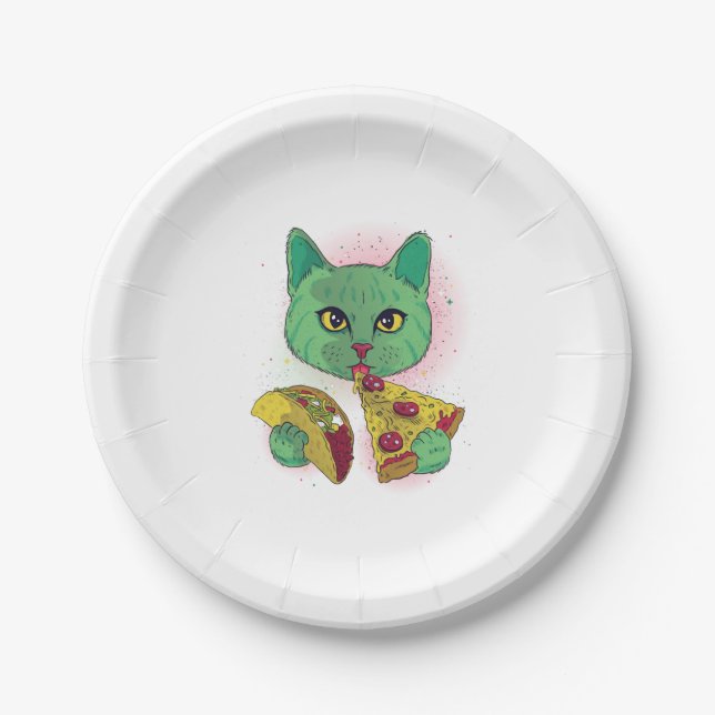 Cosmic Cat eating Pizza and Taco Paper Plates (Front)