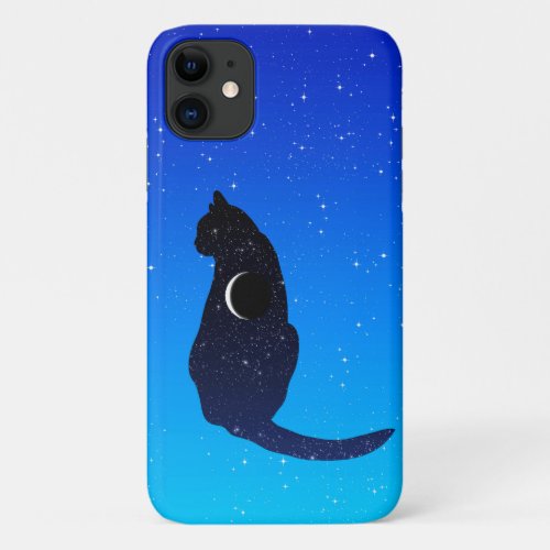 Cosmic Cat in Stars and Crescent Moon Pattern iPhone 11 Case