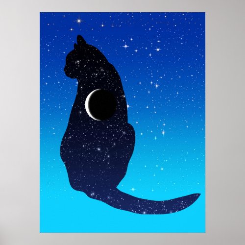 Cosmic Cat in Stars and Crescent Moon Pattern Poster