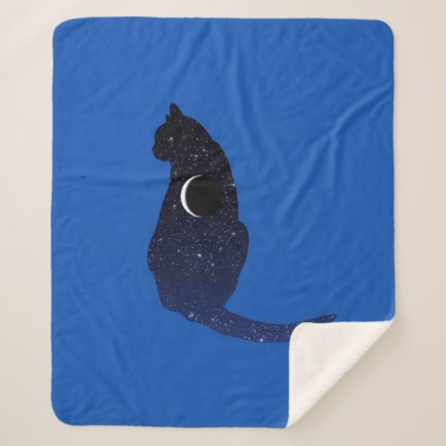 Cosmic Cat in Stars and Crescent Moon Pattern Sherpa Blanket