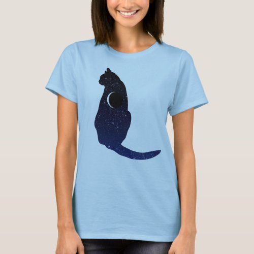 Cosmic Cat in Stars and Crescent Moon Pattern T_Shirt