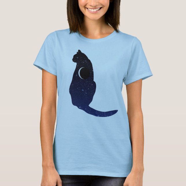 Cosmic Cat in Stars and Crescent Moon Pattern T-Shirt (Front)