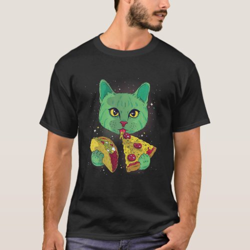 Cosmic Cat Lover With Pizza Slice And Taco T_Shirt