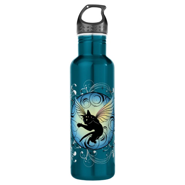 Cosmic Cat Moon and Stars Water Bottle (Front)