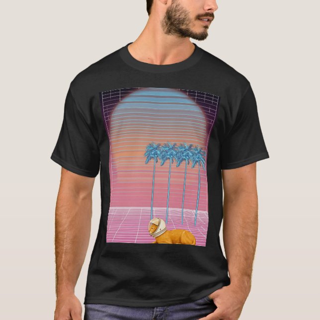 Cosmic Cat Nap Under Neon Palms T-Shirt (Front)