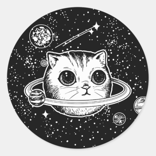 Cosmic Cat planet black and white Classic Round Sticker