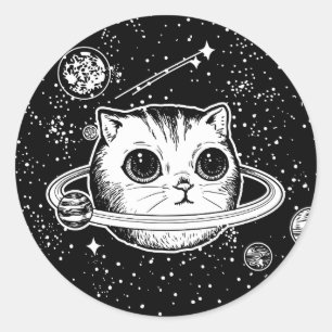 Cosmic Cat planet, black and white Classic Round Sticker