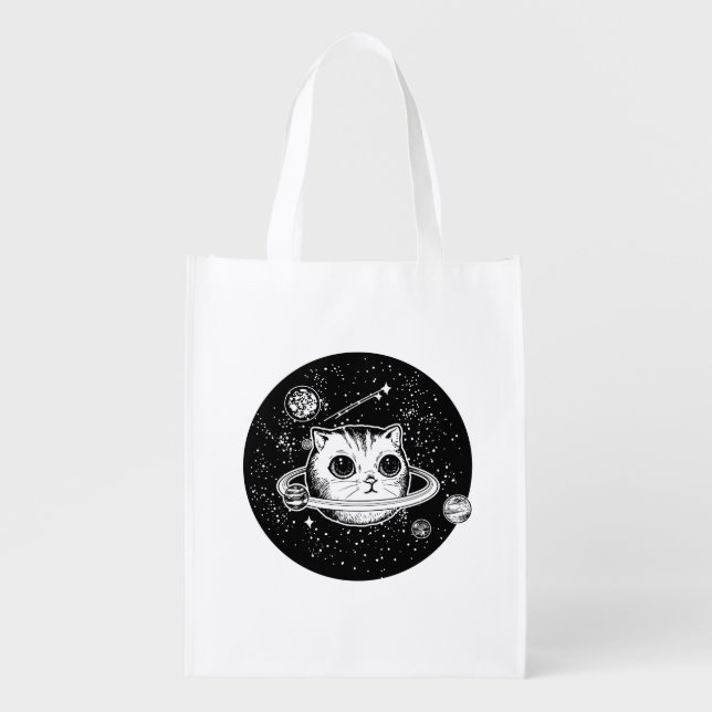 Cosmic Cat Reusable Grocery Bag , black and white (Front)