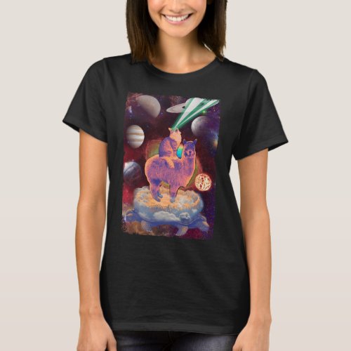 Cosmic Cat riding Llama Alpaca Turtle Space T_Shirt