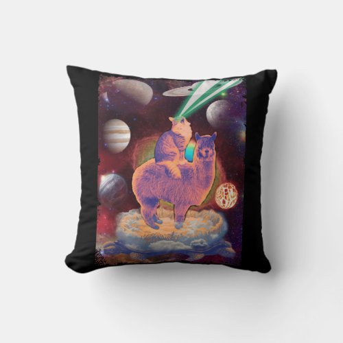 Cosmic Cat riding Llama Alpaca Turtle Space Throw Pillow