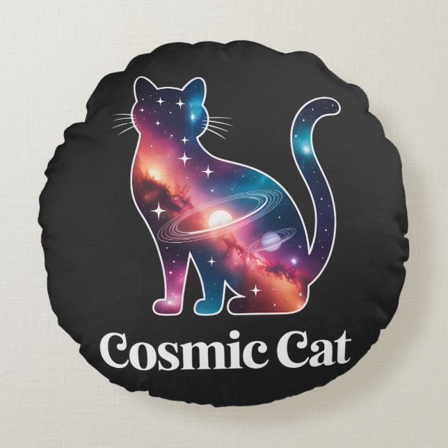 Cosmic Cat Silhouette Galaxy Space Stars Celestial Round Pillow (Front)