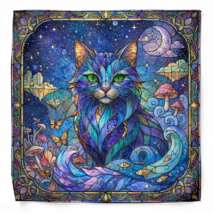 Cosmic Cat Stained Glass Surreal Blue Green Eyes Bandana