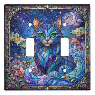 Cosmic Cat Stained Glass Surreal Blue Green Eyes Light Switch Cover