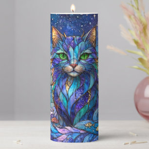 Cosmic Cat Stained Glass Surreal Blue Green Eyes Pillar Candle