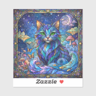 Cosmic Cat Stained Glass Surreal Blue Green Eyes Sticker