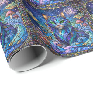 Cosmic Cat Stained Glass Surreal Blue Green Eyes Wrapping Paper