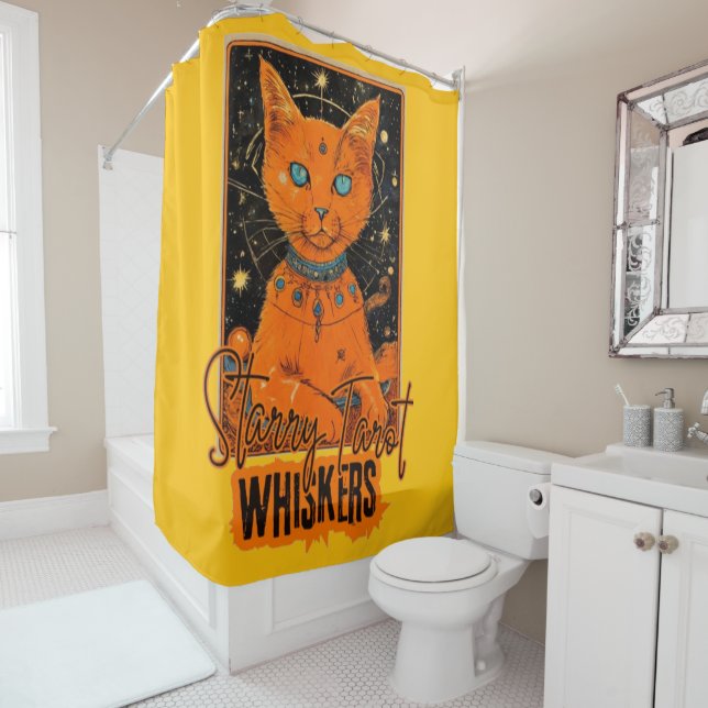 Cosmic Cat Tarot Reader | Orange Cat Art Shower Curtain (In Situ)