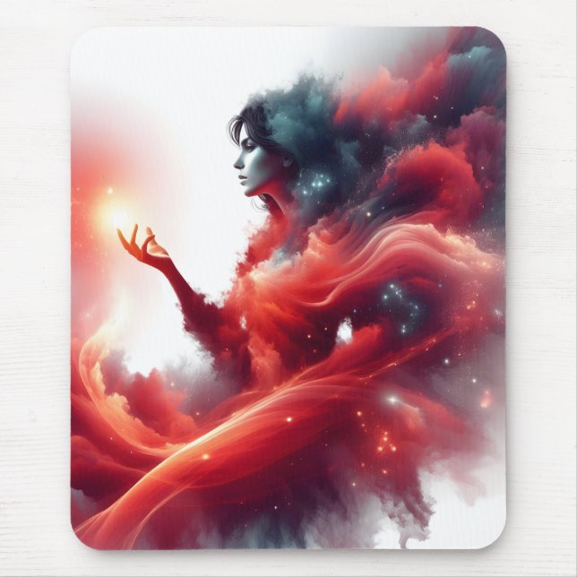 Cosmic Celestial Goddess Abstract Red Cloud Galaxy Mouse Pad (Front)