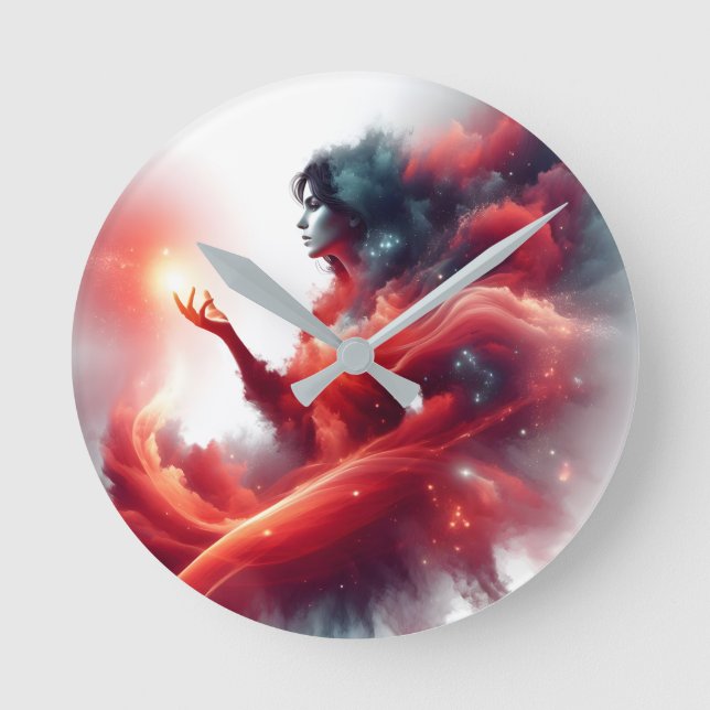 Cosmic Celestial Goddess Abstract Red Cloud Galaxy Round Clock (Front)