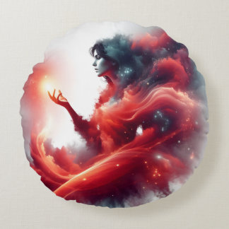 Cosmic Celestial Goddess Abstract Red Cloud Galaxy Round Pillow