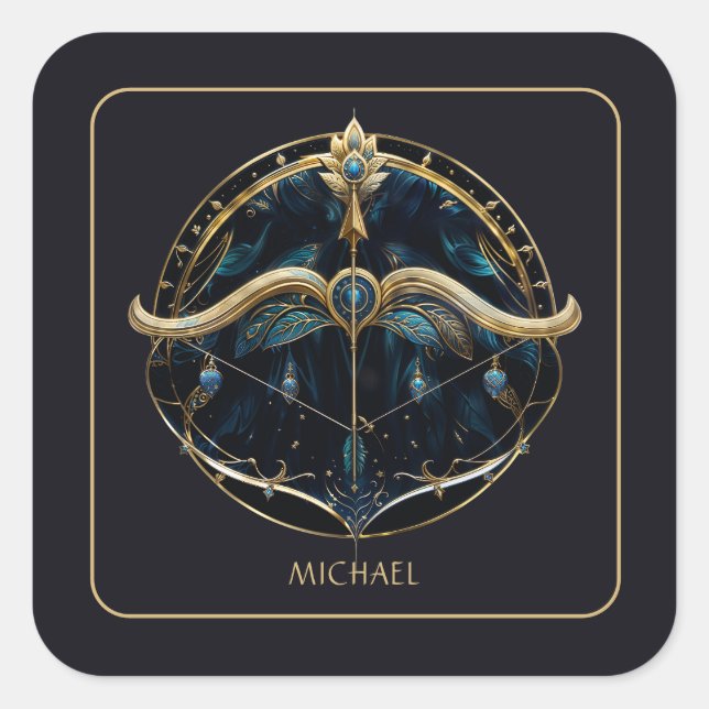 Cosmic Centaur Zodiac Sign Black Gold Sagittarius Square Sticker (Front)