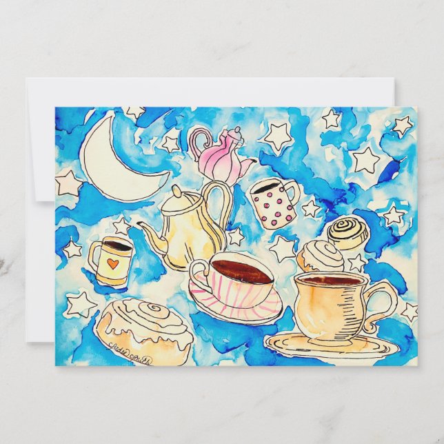 cosmic cinnamon rolls & coffee cups art holiday card (Front)