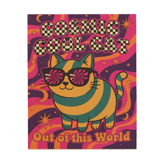 Cosmic Cool Cat - 80s 90s Retro Cartoon Wood Wall Art (Front)