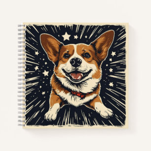  Cosmic Corgi – Starry Night Linocut Whimsy Notebook