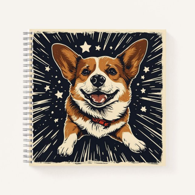  Cosmic Corgi – Starry Night Linocut Whimsy Notebook (Front)