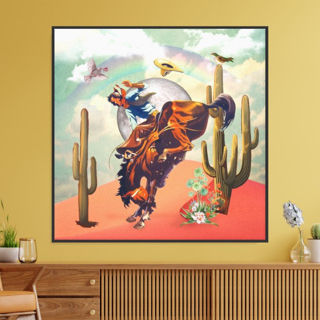 Cosmic Cowboy Bucking Horse Surreal Collage Canvas Print (Insitu(LivingRoom))