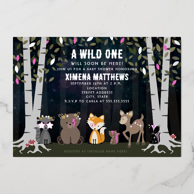 Cosmic Creatures Woodland Animals Baby Shower Foil Invitation (Front)