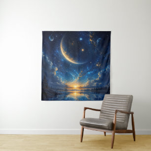 Cosmic Crescent Moon Fantasy Landscape — Blue Gold Tapestry