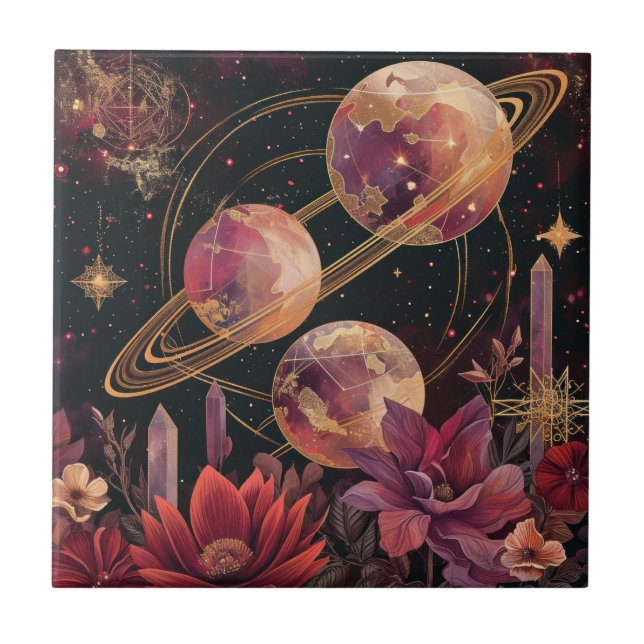 Cosmic Crystal Ringed Planet Fantasy Art (11) Ceramic Tile (Front)