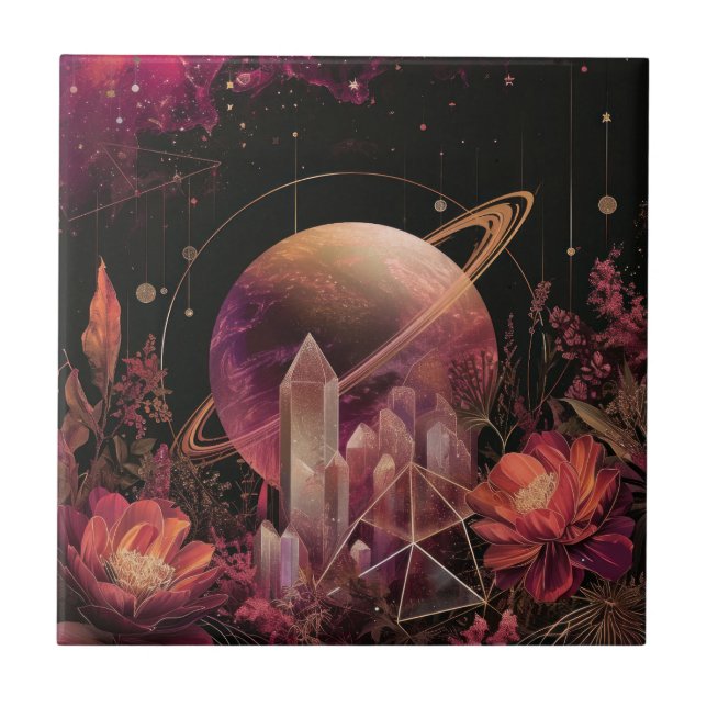 Cosmic Crystal Ringed Planet Fantasy Art (4) Ceramic Tile (Front)