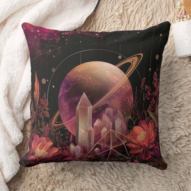 Cosmic Crystal Ringed Planet Fantasy Art (4) Throw Pillow (Blanket)