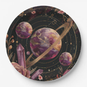 Cosmic Crystal Ringed Planet Fantasy Art Paper Plates