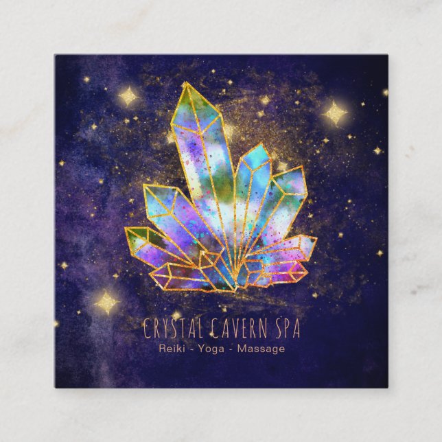 *~* Cosmic Crystals Gold Glitter Stars Rainbow Square Business Card (Front)