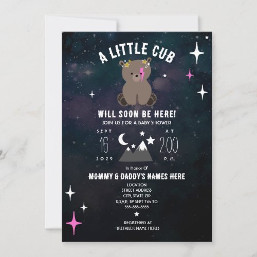 Cosmic Cub Pink Girl Bear Baby Shower Invitation