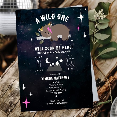 Cosmic Cub Sleepy Wild One Pink Girl Baby Shower Invitation