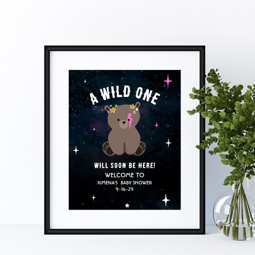 Cosmic Cub Sleepy Wild One Pink Girl Baby Shower Poster