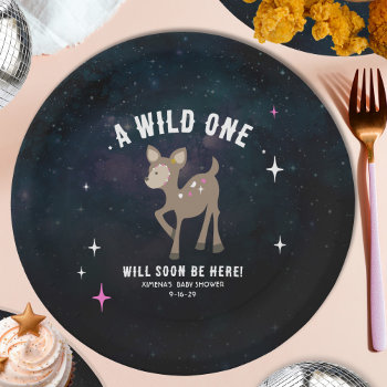 Cosmic Deer Wild One Pink Girl Baby Shower Paper Plates by JillsPaperie at Zazzle