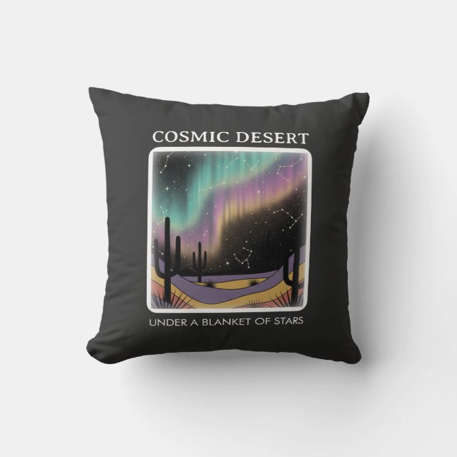 Cosmic Desert Aurora • Retro Western Night Sky Throw Pillow (Front)